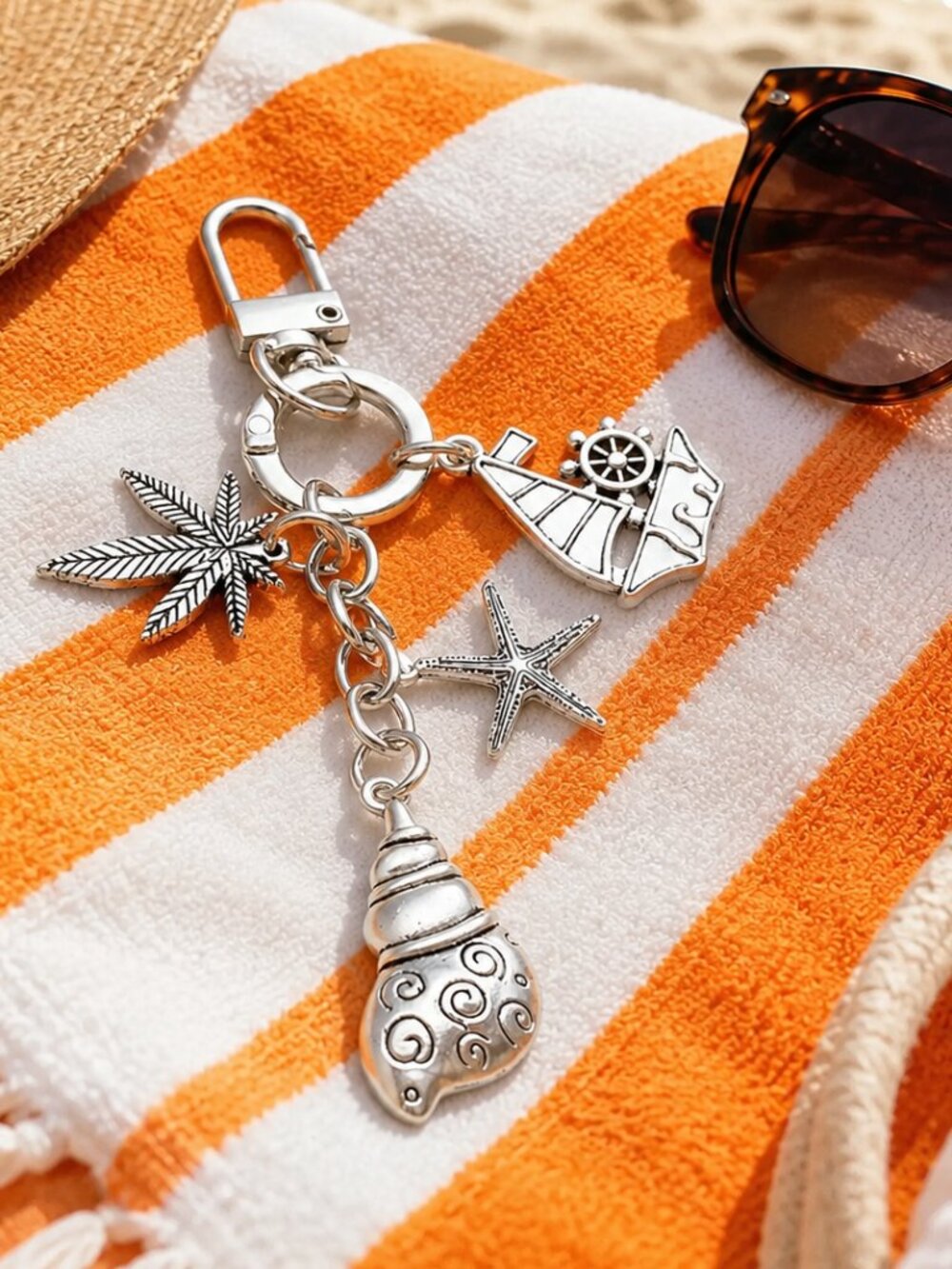 Silver Starfish Sailboat Conch Seashell Nautical Beach Keychain Bag Charm NEW